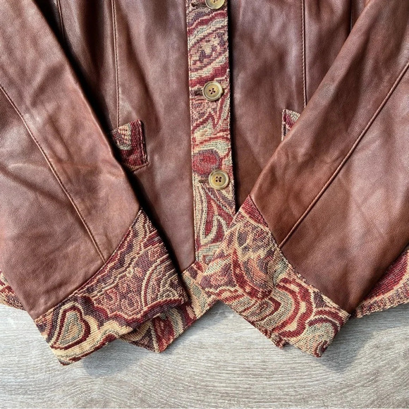 NWT Coldwater Creek Tapestry  Trim Leather Jacket - Picture 8 of 14